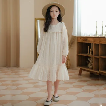 2024 New Design Spring Children Embroidered Chiffon Dress Long Sleeve Sweet Fairy Lotus Edge Dress for Girls 5-12 Years