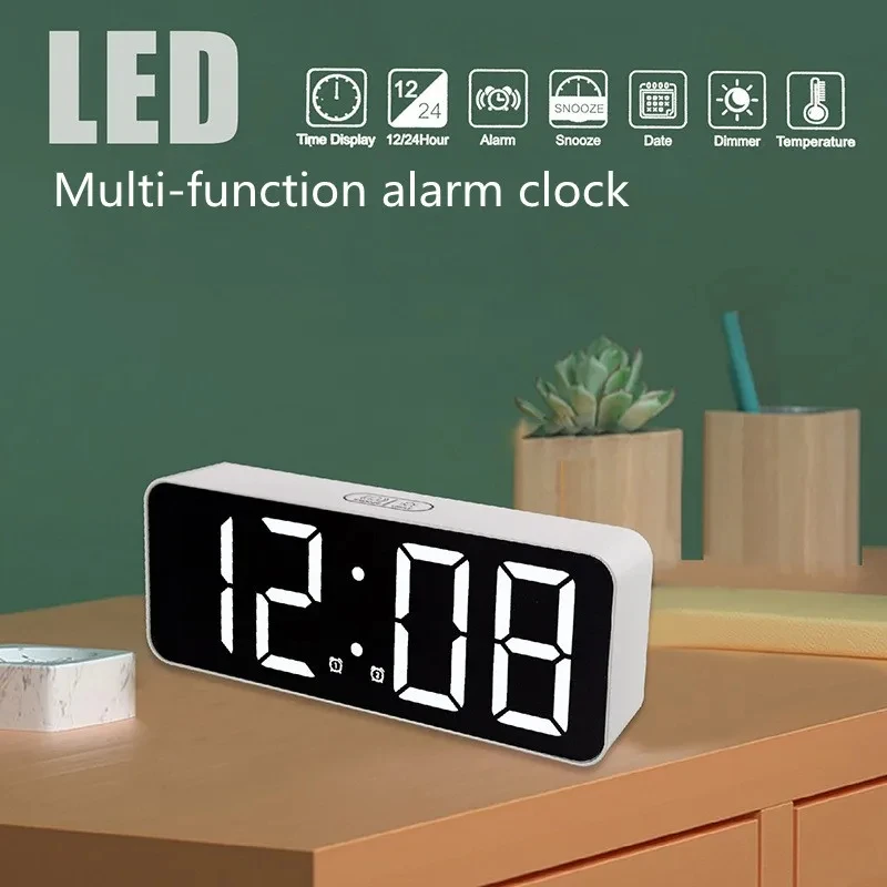 LED Mirror Alarm Clock Digital Snooze Table Clock Wake up Light Electronic Large Time Temperature Display Home Decoration Clock