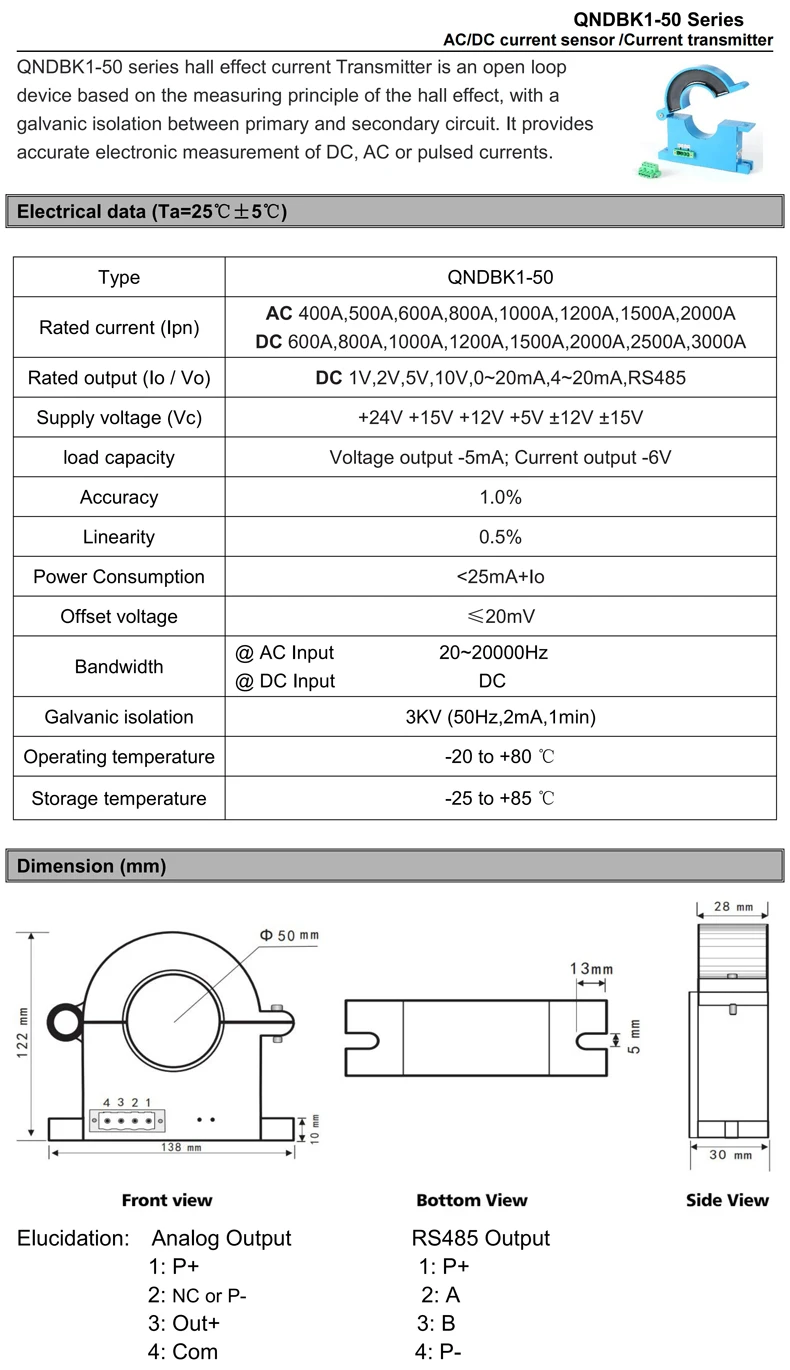 Split Core Current Sensor RS485 Current Transformer Ct Clamp AC DC 20A 30A 50A 100A 200A 300A Hall Effect Current Transducer