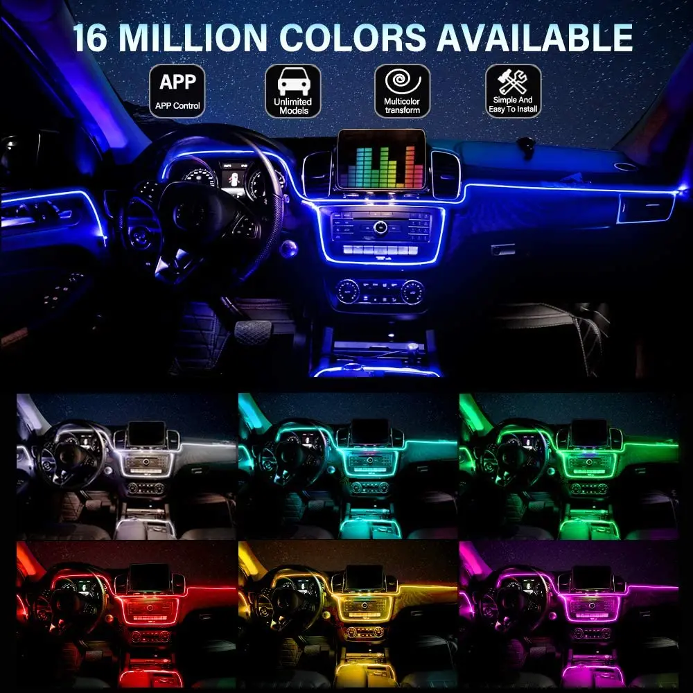 Car LED Strip Light 16 Million Colors with Bluetooth App Control 5 in 1 with 236 inches Fiber Optic,RGB Ambient Lighting Kits,Music Sync Car LED Lights with Car Charger DC 12V Interior Car Lights 