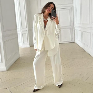 Customized Elegant Long Sleeve Blazer With High Waist Wide Pants Set Fashion Loose White Satin Trousers 2 Pieces Sets for Women