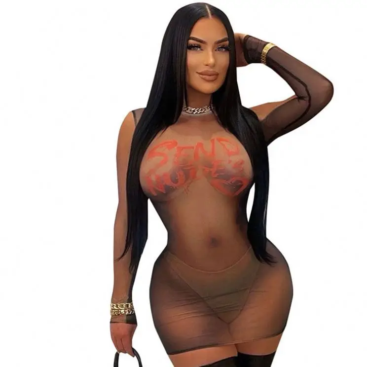 Fashion 2025 Spring Long Sleeve Character Print Round Neck Dress Tight Sexy Mini Suit Women Hip Dress