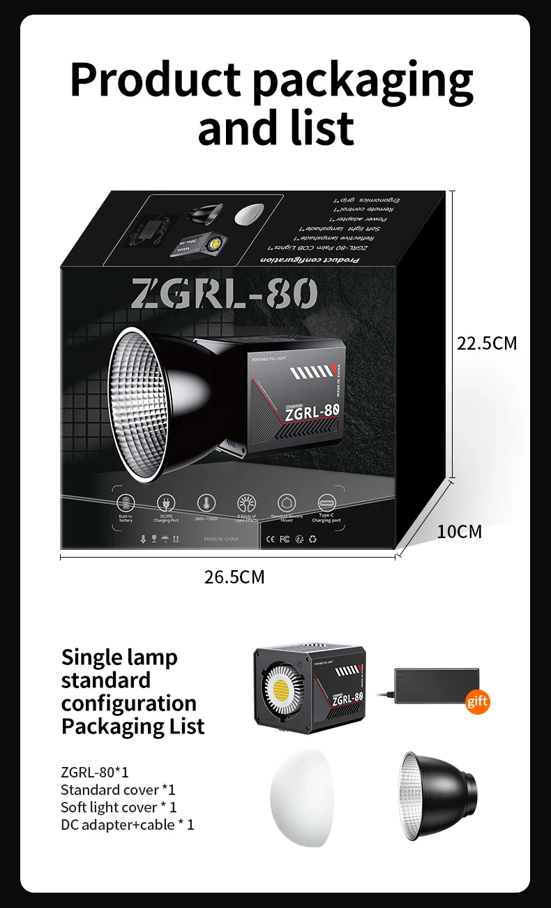 Jingying 80W COB Photography Studio 2500-6500K Battery Powered Handheld Portable LED Video Light for Video Live Streaming