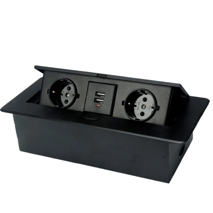 Black top grade desktop power socket Two USB sockets slowly pop up embedded European standard conference desktop socket