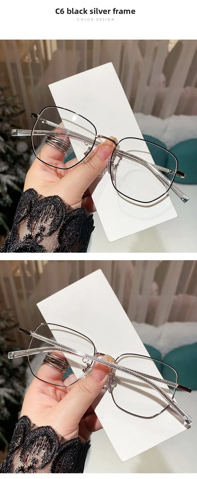2026 Nieuwe metalen vierkante full-fra fotochromatische anti-blauwlichtbril met modieus geometrisch patroon en PC-lenzen._voghion.com