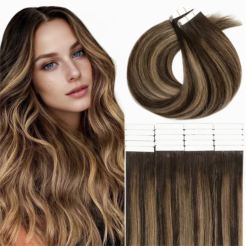 Rooted Dark Brown Chestnut Brown Highlight Tape Extensions_voghion.com