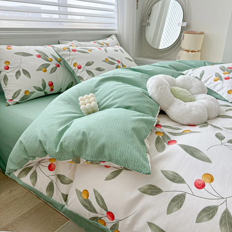 100% Cotton yellow Flowers & Sage Leave Plant Pattern Botanical Luxury Cotton Printed Flower King 4pcs Bedding Sheets