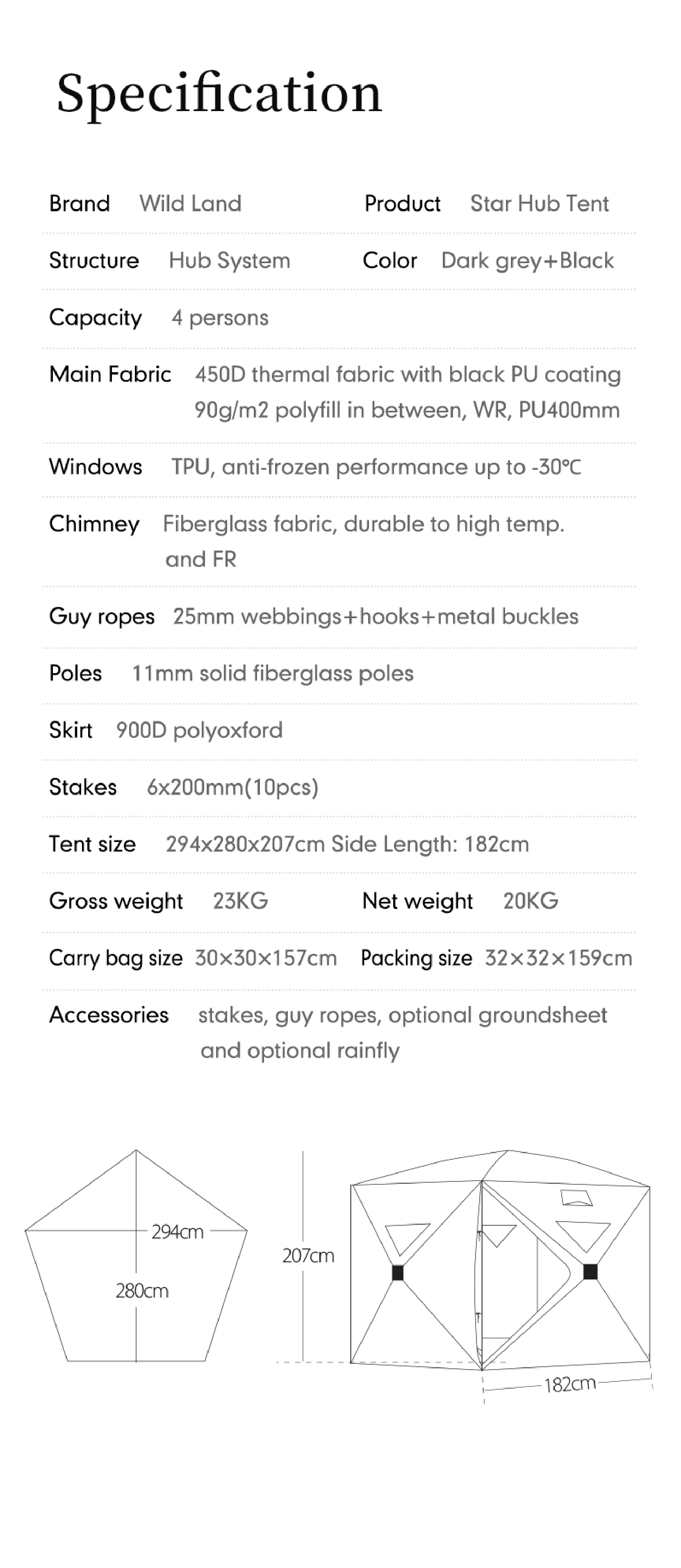 Wild Land New Full Thermal Large 5 Sided Winter Ice Fishing Tent For