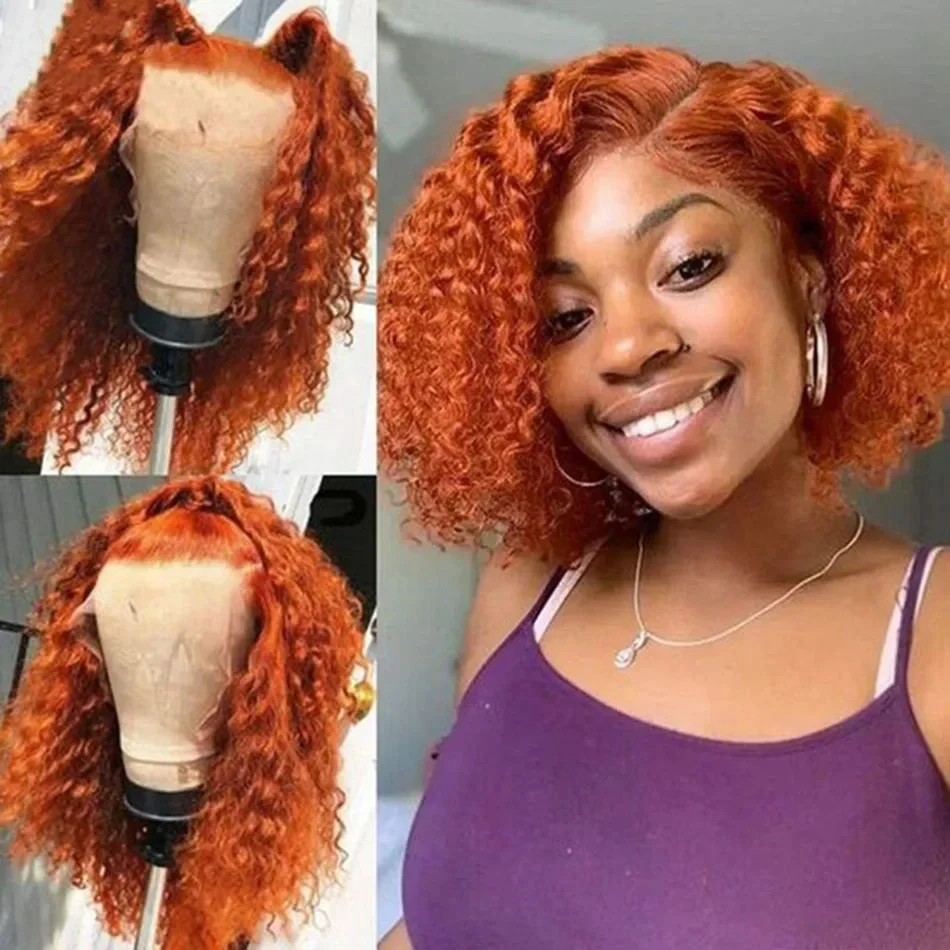 Ginger Orange 13x4 Lace Front Human Hair Wigs For Women Water Wave Curly Short Bob_voghion.com