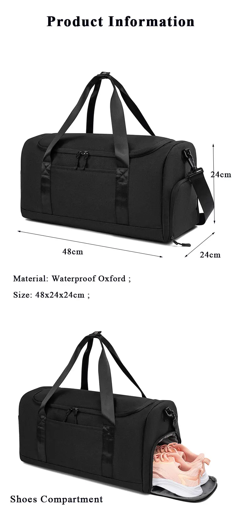 Custom Black Gym Duffle Bag With Shoes Compartment And Wet Pocket Water