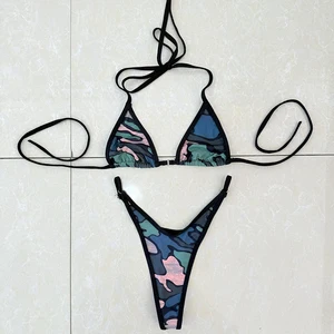 Custom Halter Bikini Thongs for Women 2-Piece Set Front Logo Printed Brazil Flag Contrast Split Push-up Bra Letter Pattern