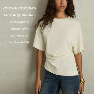 Manufacturer Oem Heavyweight Cotton Basic Plain Tee Tshirts Custom Asymmetrical Hem Women Short Sleeve Crew Neck Blank Tshirt