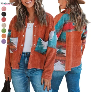 Southern Style Fall Jacket Woman Shacket Button Down Casual Patchwork Ribbed Western Aztec Jackets for Women