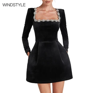 OEM/ODM Women's Custom Waist Slim Mini Short Dress with Diamond Design Square Collar Occasion Dress Elegant Ladies Dress