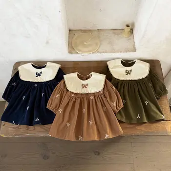 INS Korean Style Version Girls Casual Baby Dresses Versatile Corduroy Lace Bow Embroidered Collar Young Girls Dress