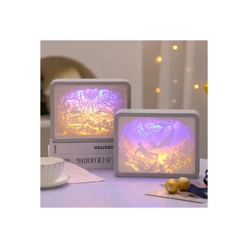Couple Mood Night Light Creative LED 3D Paper Sculpture Lamp Decorative Art Table Lamp with Square Frame for Bedroom