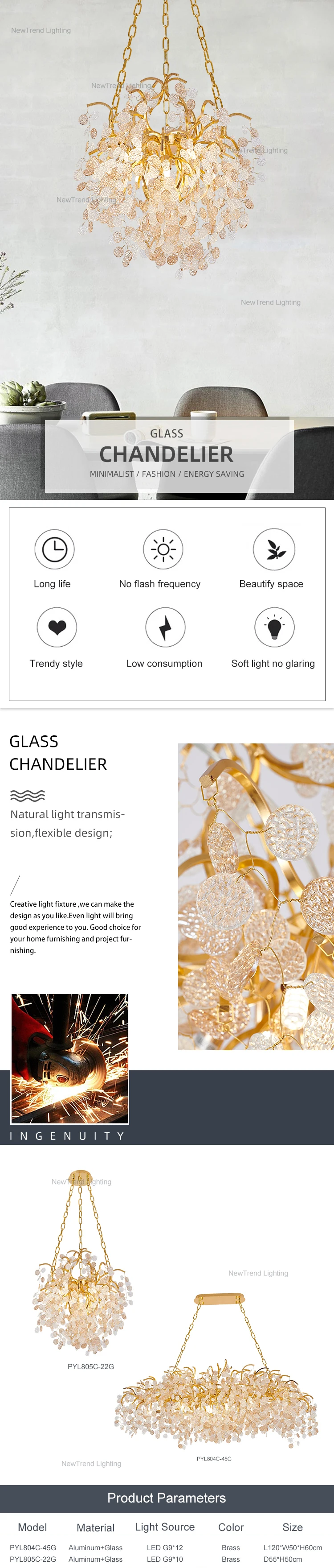 pyl804c hot selling gold color aluminum clear glass indoor decoration for bedroom chandelier-0