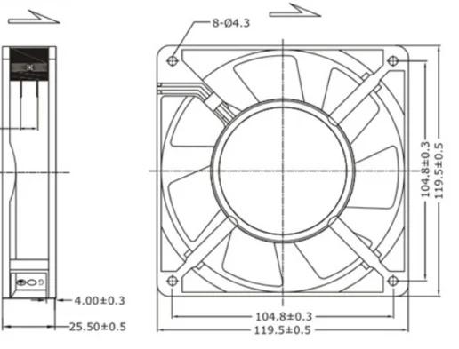 Axial Cooling Fan, 230V, 1225mm, PBT, 120x120x25mm - detail 2