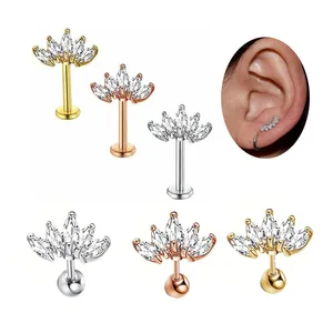 Marquis CZ Cartilage Earring Stainless Steel Lotus Ear Stud Rings Helix Piercing Flat Back Earring Fashion Body Jewelry