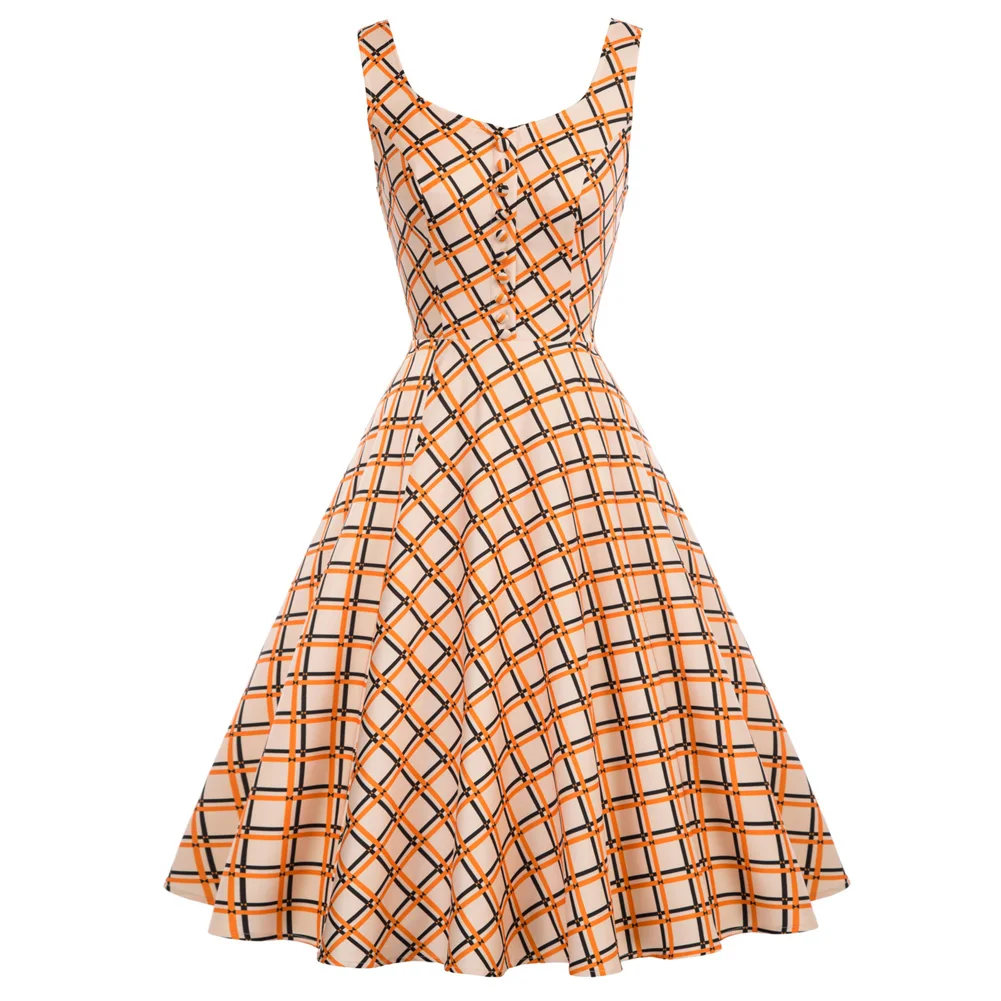 oem女士菠萝图案a型复古女士纽扣无袖复古连衣裙