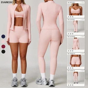 Evaricky Women 5 Piece Adjustable Shoulder Strap Sports Bra Top Thumb Hole Zipper Jacket Biker Shorts Leggings Gym Fitness Set