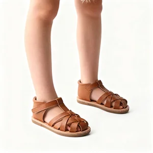 Babyhapy Luxury Handmade Summer Rubber Sole  Quality Leather Minimalist Waved Kids Sandals for Girls