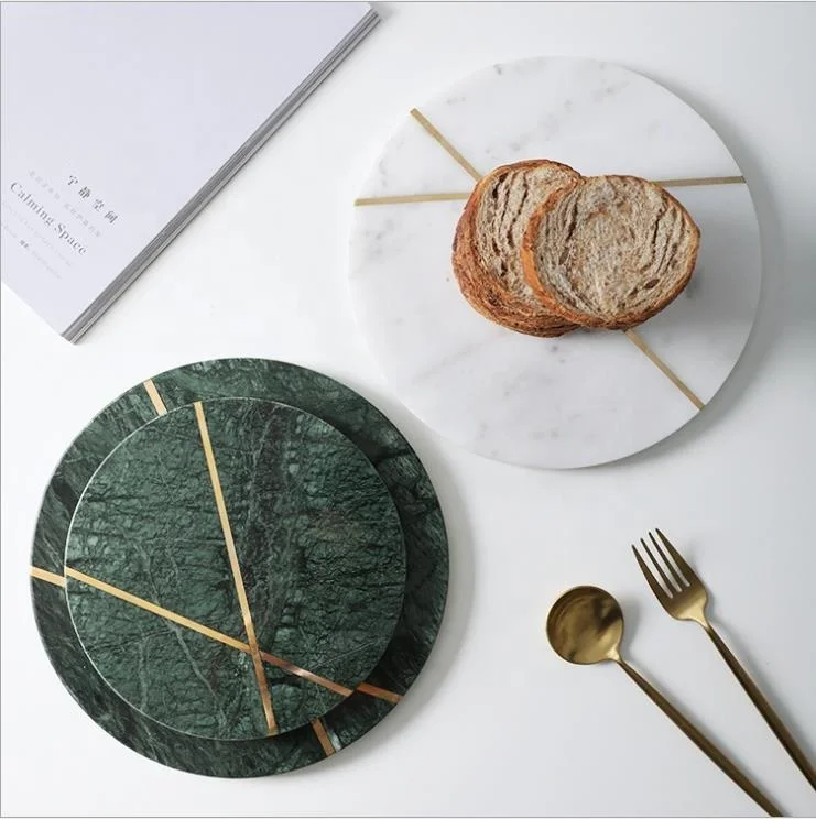 Оптовая продажа новый дизайн круглая мраморная разделочная доска с золотистой медной линией для домашнего