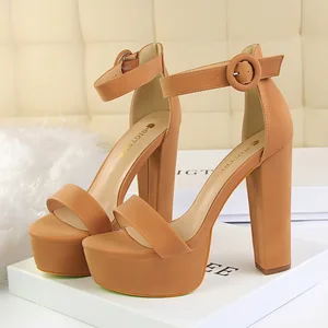 Women's New Hot Simple Thick High Heels Open Toe Western Style Fashion Sandals Waterproof Button Closure Height Increasing