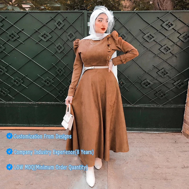 Islamic Prayer Ethnic Clothing Elegant O Neck Puff Sleeves Button Front Suede Muslim Abaya Dress Ramadan Festival Dubai Robe Islamic Prayer Ethnic Clothing Elegant O Neck Puff Sleeves Button Front Suede Muslim Abaya Dress Ramadan Festival Dubai Robe