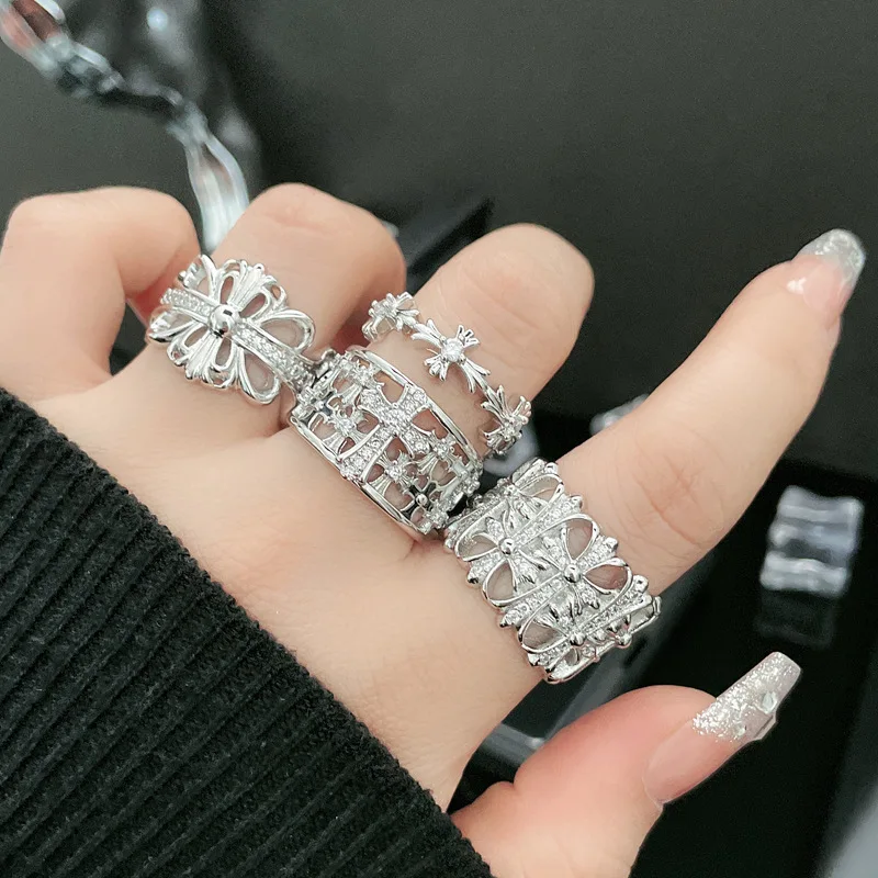 European American Punk Women's Trendy Antique Copper Plated Zircon Cross Ring  Fashion Hip Hop Ring