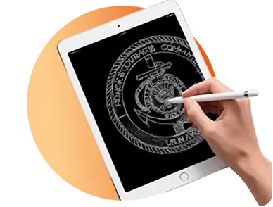 Hand drawing a US Navy emblem sketch on a tablet