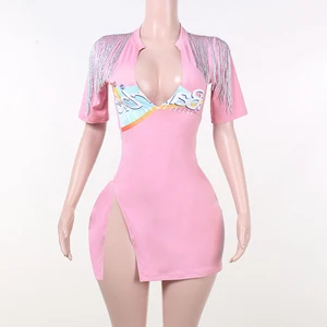 Custom logo High Quality Custom logo Trendy Sexy Dress V Neck Short Sleeve Night Party Club Dress Women Dresses