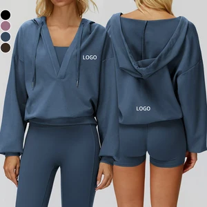 Custom Logo Women's Solid Color V-Neck Sweatshirt Ribbed Fabric Outdoor Running Windproof Keep Warm Long Sleeve Hoodie Pullover