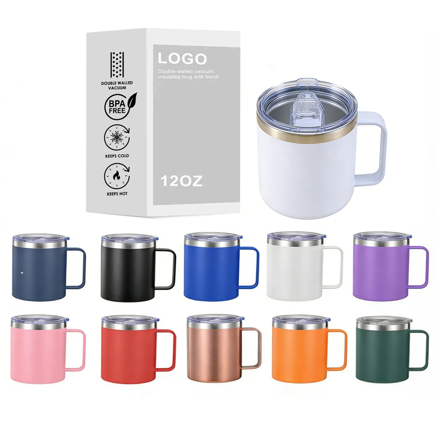 14oz Custom Logo 304 Stainless Steel Double Wall Vaccuum Insulated Camping  Travel Cup Coffee Mug With Handle