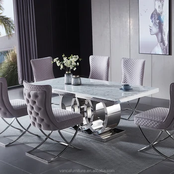 Wholesale Modern stainless steel metal 3 circles base Dining room furniture Marble Dining table set with 6 chairs