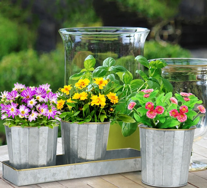 Оцинкованные металлические садовые цветочные горшки и горшки, набор горшков для растений, суккуленты с лотком и отверстиями для слива для помещений и улицы