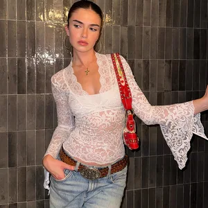 Women Sexy V Neck Long Sleeve Top Lace Low Cut Slim Fitted Going Out Top Y2k See Through Lace Shirts Streetwear