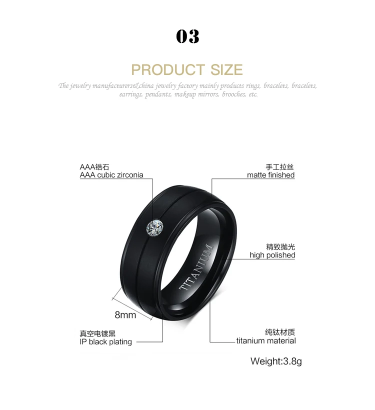 Wholesale Titanium jewelry wholesale men's black ring with rhinestones TR-013