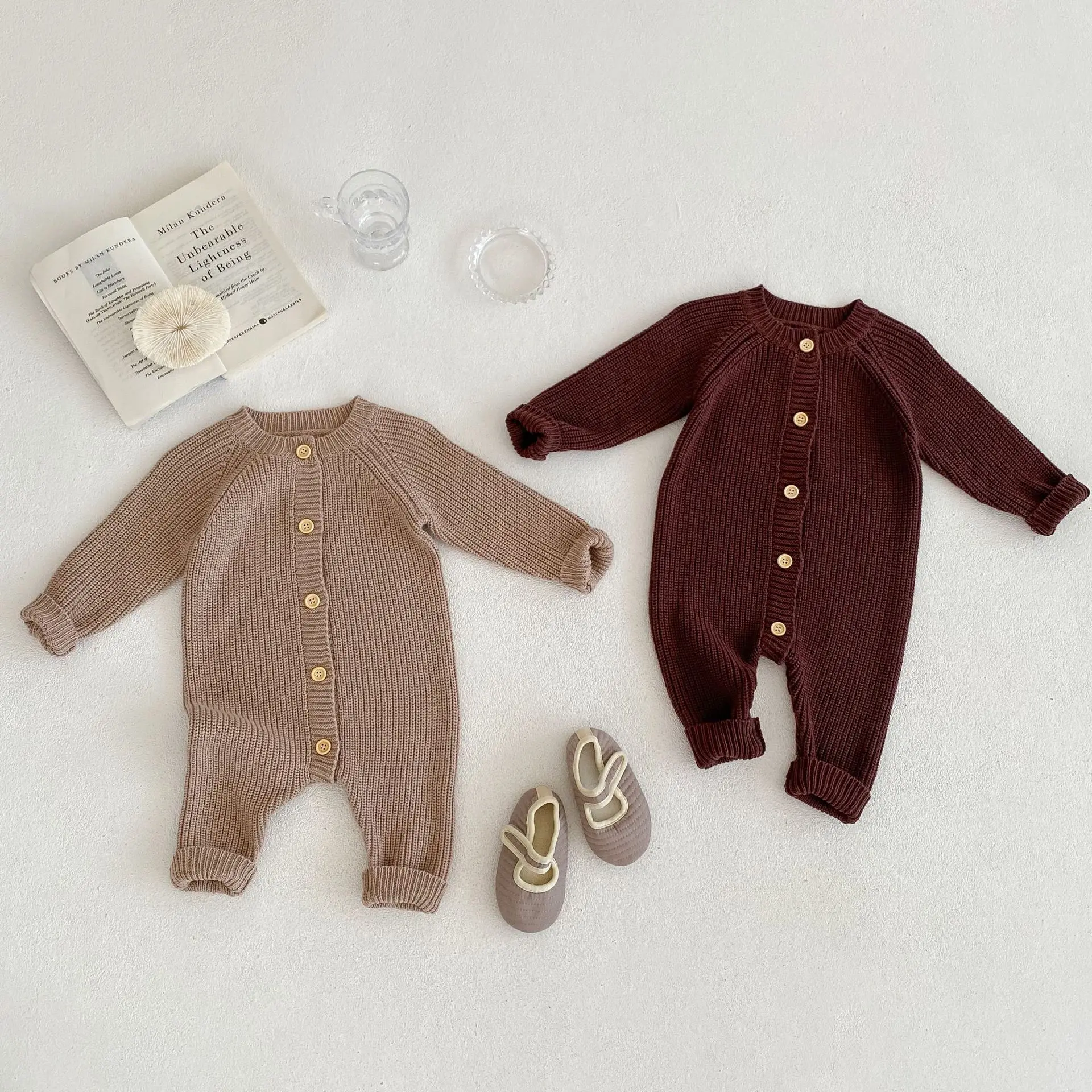 Ins autumn infant clothing UNISEX BABY Jumpsuit solid color round neck long sleeve Rompers
