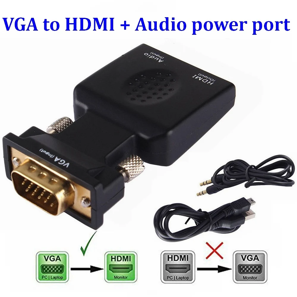 VGA to HDMI Converter Plug Adapter Male to Female Lead with Audio Output Cable Micro Power Port 1080P Signal Output for Computer