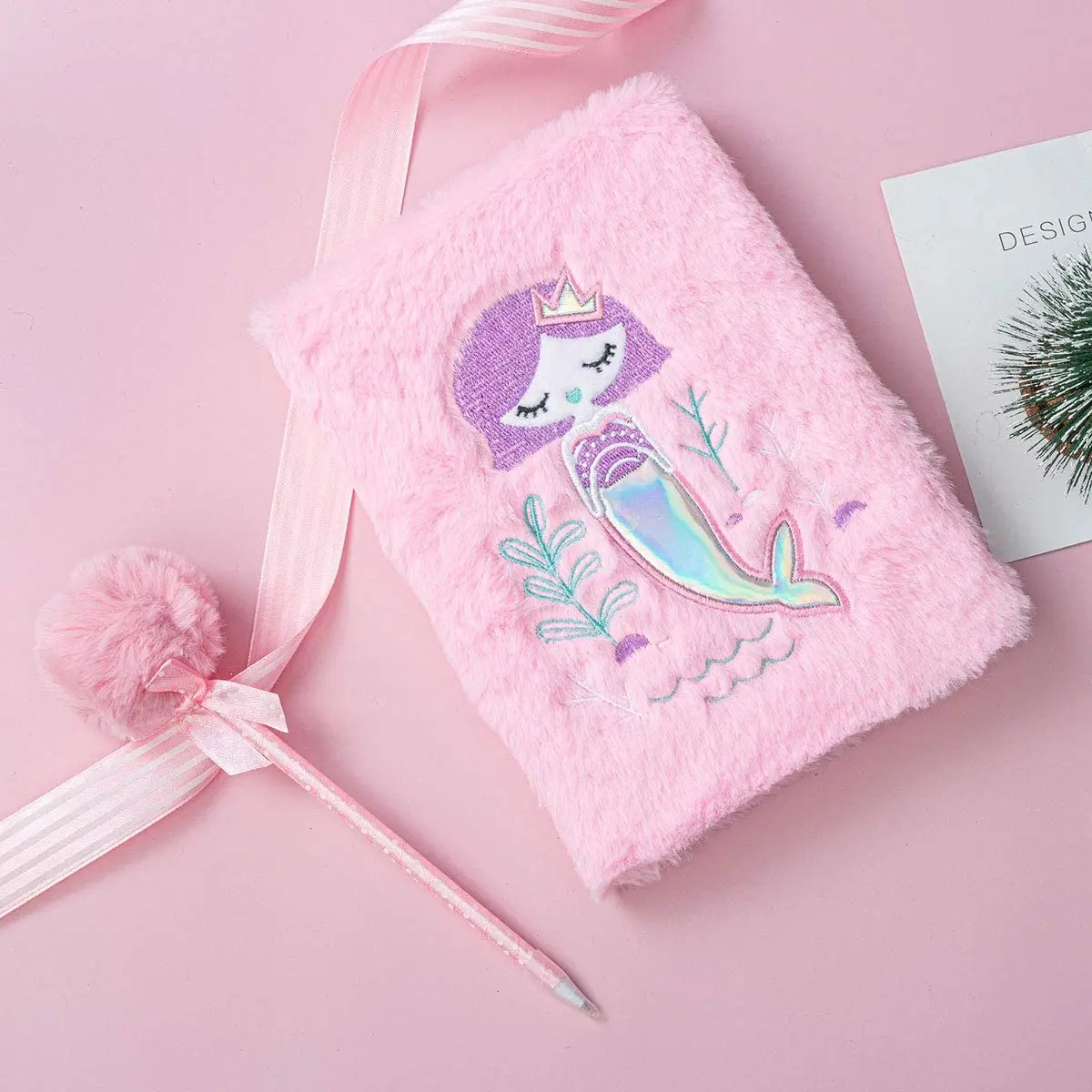 product faux fur plush diary pop it notebook journal set with pom pen kids school stationery set-5