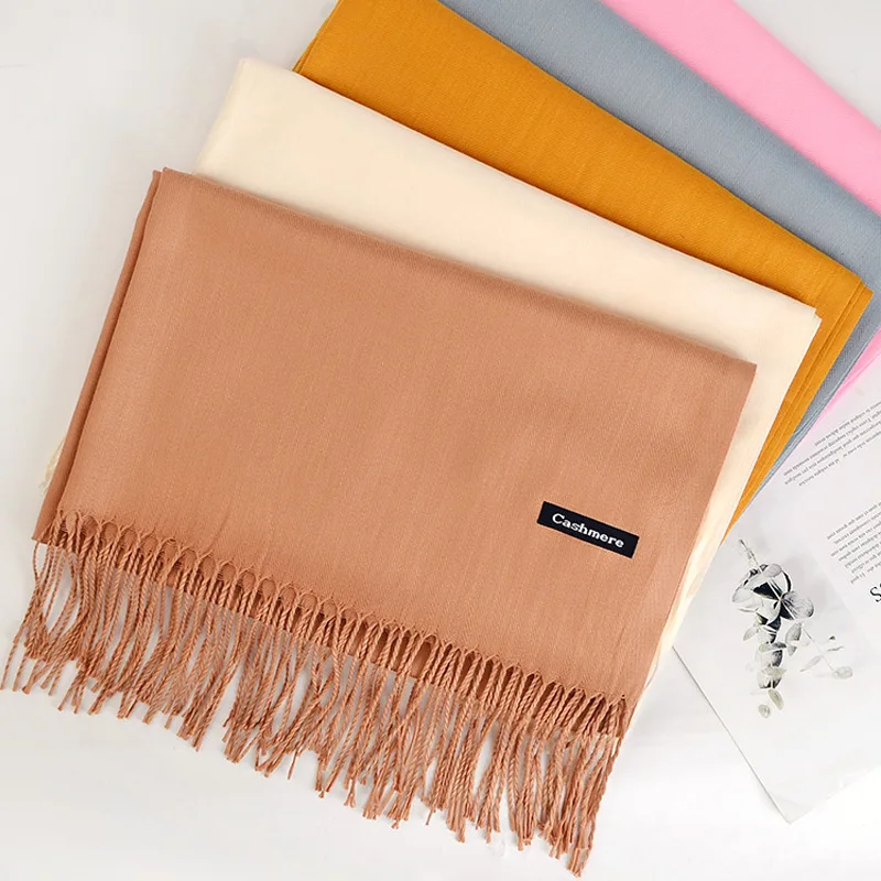 Ready to Shipping Plain Solid Light Cashmere Logo Scarf for Dubai Cheap Price Hijab Warm Women Winter Shawl Pashmina