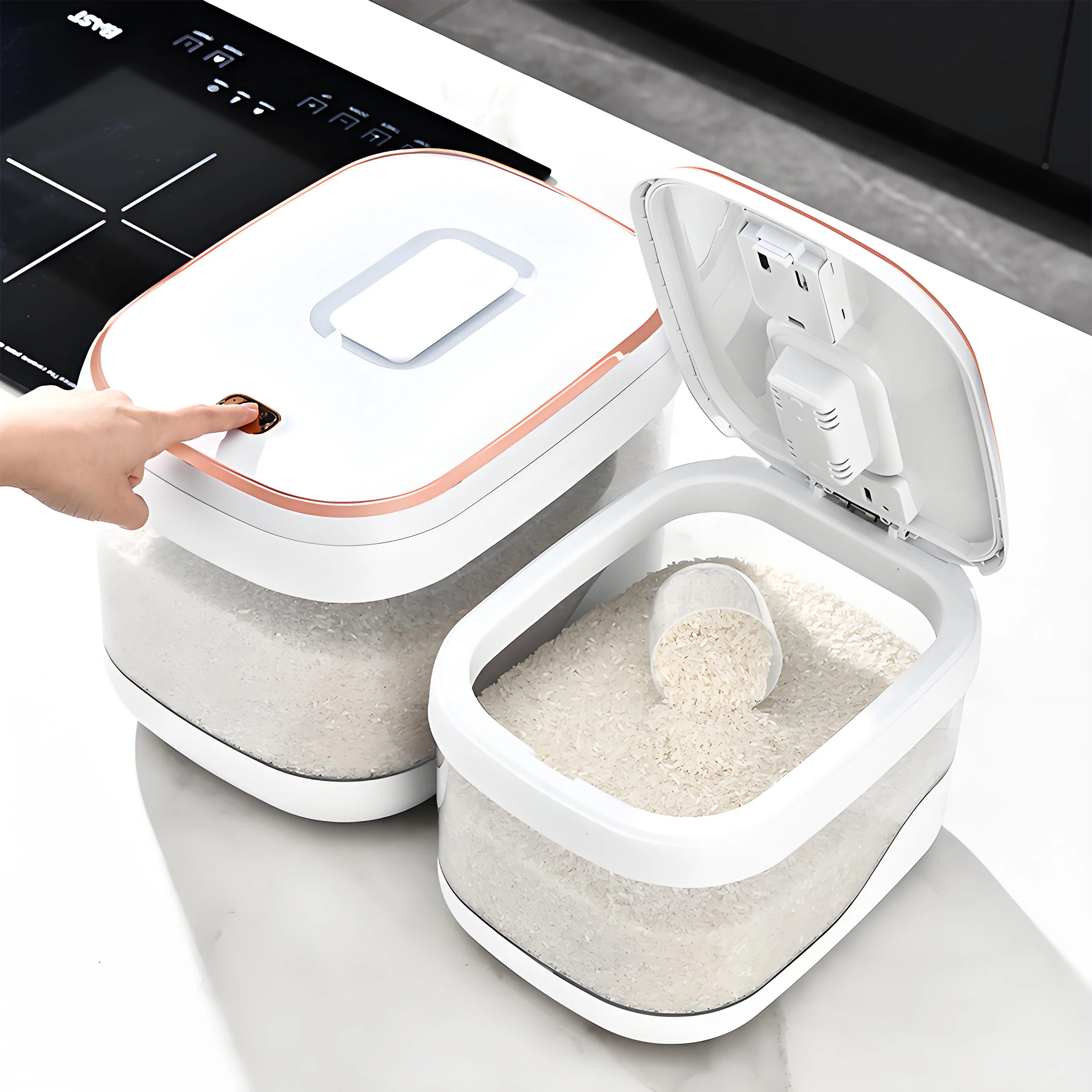 Balde de Armazenamento de Arroz para Cozinha com Grande Capacidade, Tampa Selada com Botão de Pressão, Embalagem em Caixa com Logo Impresso