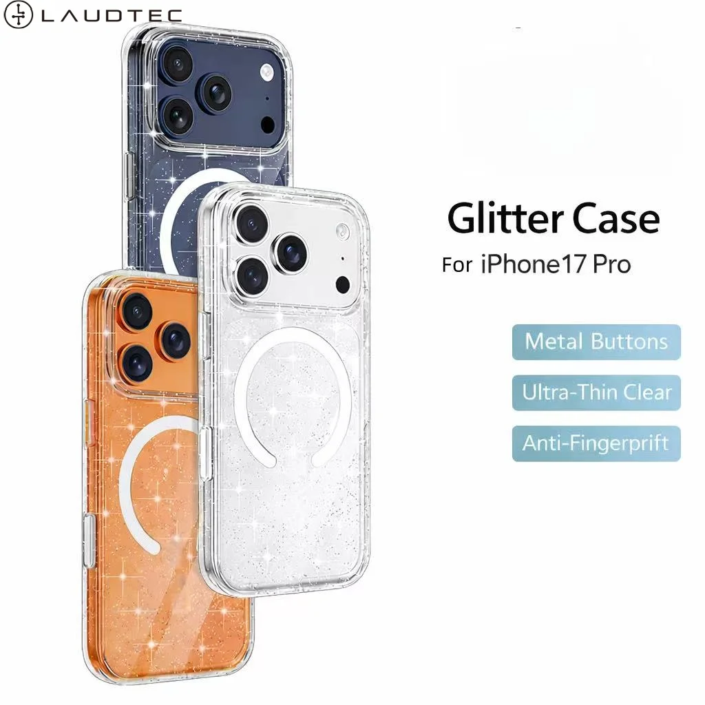 LAUDTEC Glitter Case for iPhone 17 Pro/Pro Max  Ultra Thin Clear Sparkle Phone Cover with Metal Button Anti-Fingerprint