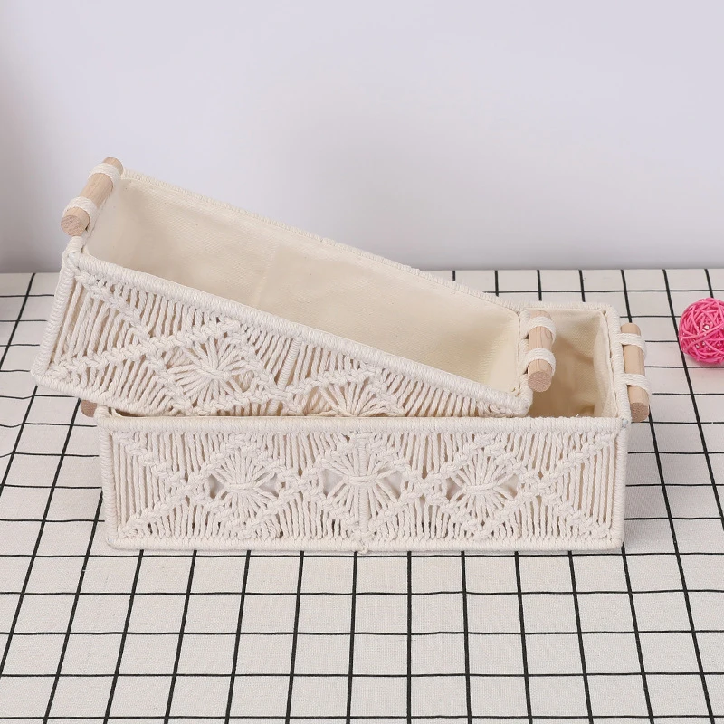 Set of 2 Boho Home Decor Hand Made Woven Countertop Tank Top Organizing Macrame Storage Basket