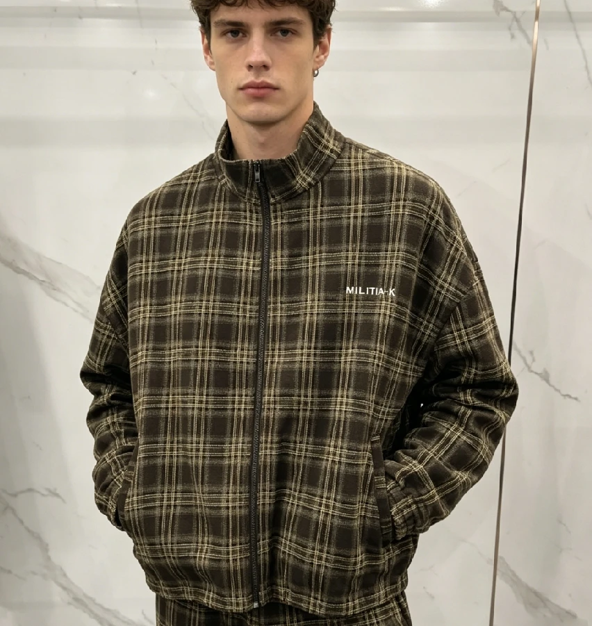 Wholesale High quality Varsity Windbreaker Casual Vintage Flannel Checked Plaid Plus Size Zip up Winter Men's Jackets