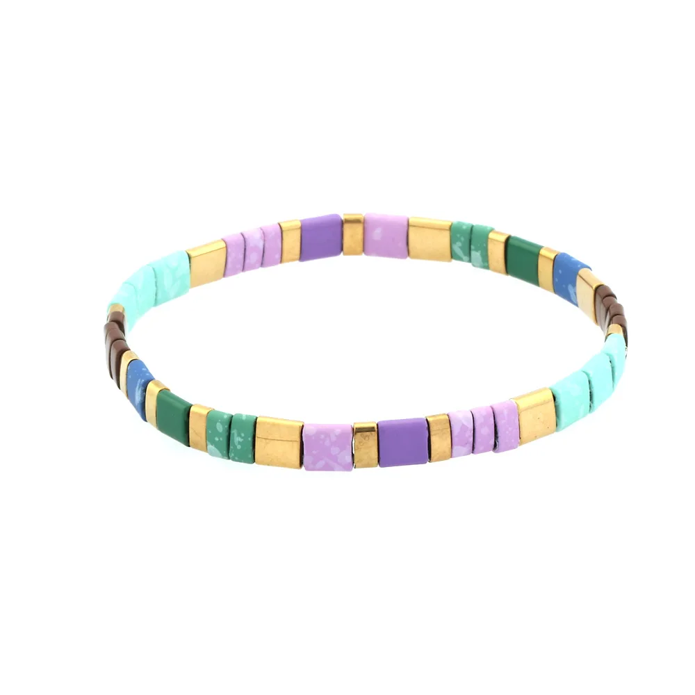 Bracciale Elastico Bohémien con Perline di Riso, Design Multistrato Colorato in Rame Dipinto per Donne