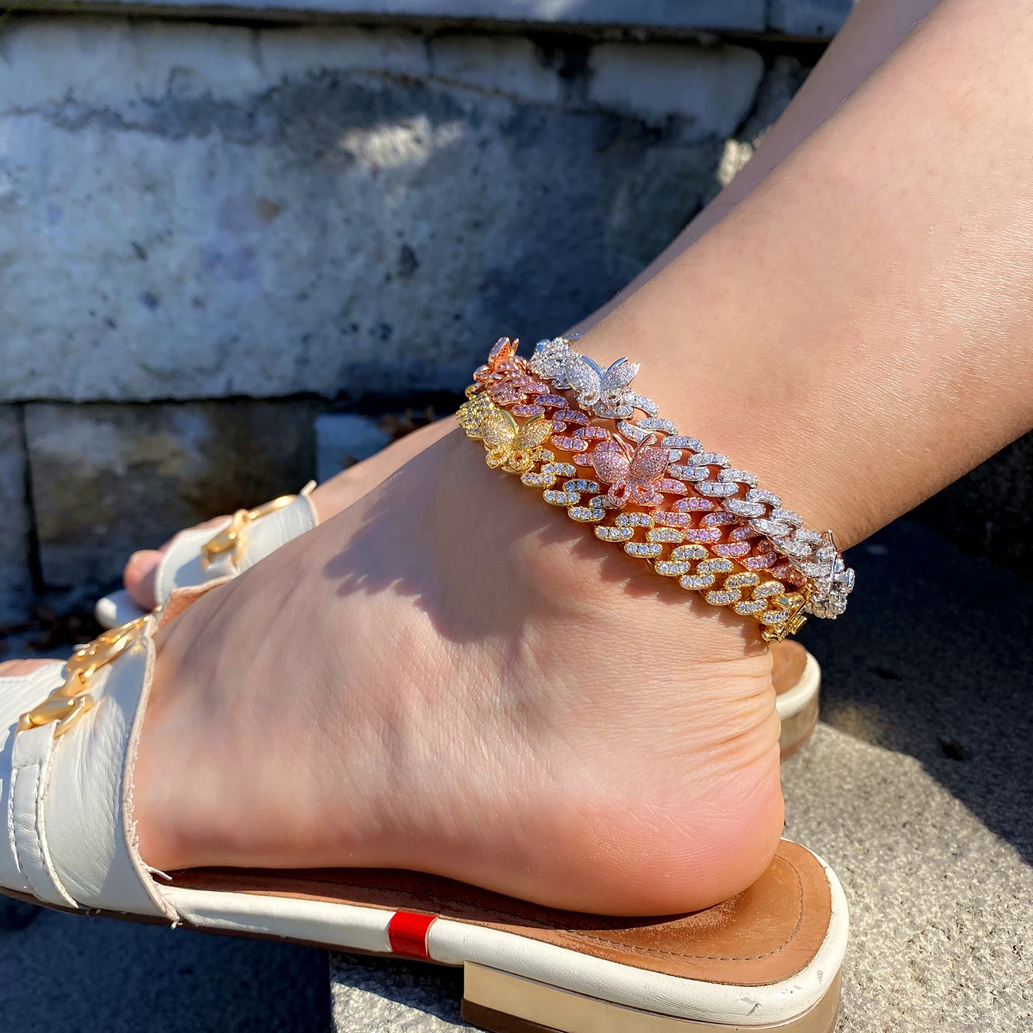 TOP ICY 8mm Pink Cuban Chain Cz Punk Miami Link Bling Bling Hip Hop Iced  Out Cuban Link butterfly Anklet Jewelry