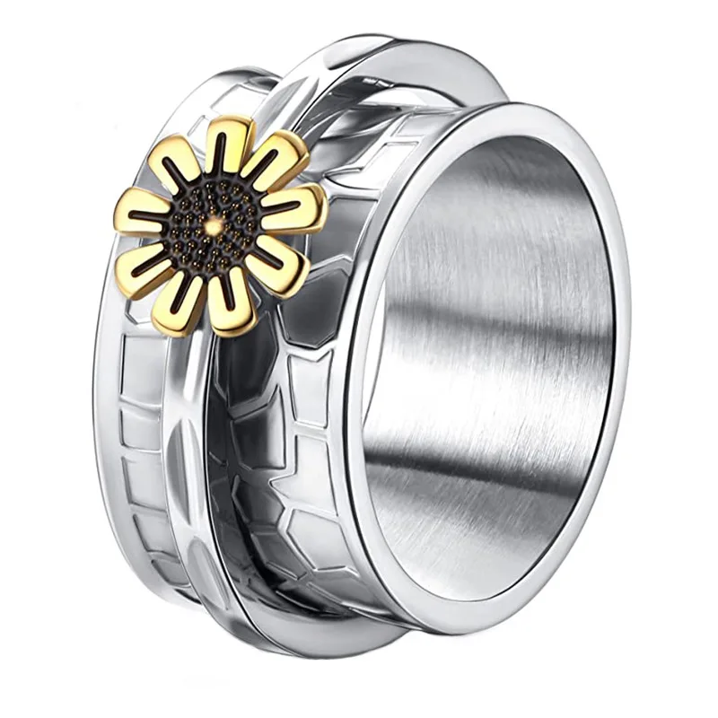 Rotating Anxiety Fidget Men Rings Titanium Stainless Steel Spinner Finger Ring Women Engrave Daisy Flower Punk Rock