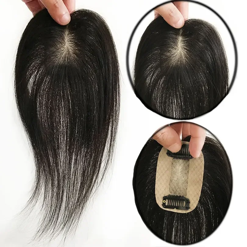 5x8cm Base en soie Femmes Topper 8-10 pouces Couleur noire naturelle Morceau de cheveux humains 2 clips pour cacher la ligne des cheveux_voghion.com